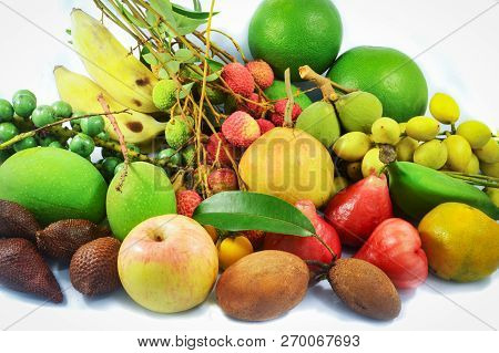 Fresh Tropical Fruit / Thailand Local Fruit Organic Mix Pile On White Background / Colorful Tropical