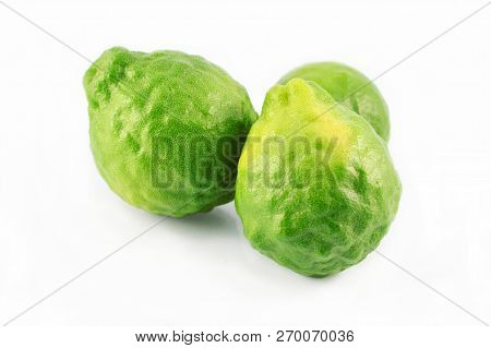 Kaffir Bergamot Isolated / Fresh Green Kaffir Fruit Isolated On White Background - Three Of Green Be