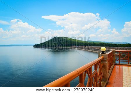 Landscape Reservoir River Balcony Viewpoint On Blue Sky And Mountain Background / Bright Day On Hydr