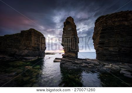 Noss Head Rock Formations In Sunset Light, East Coast Of Scotland