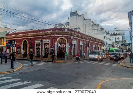 Salta, Argentina - April 8, 2015: Traffic In Narrow Streets In The City Center Of Salta, Argentina.