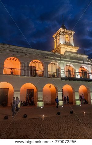 Salta, Argentina - April 8, 2015: Building Of The Former Town Council Cabildo On Plaza 9 De Julio Sq