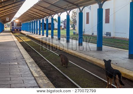 Salta, Argentina - April 9, 2015: Train Heading To General Guemes Arrives To The Railway Station  In