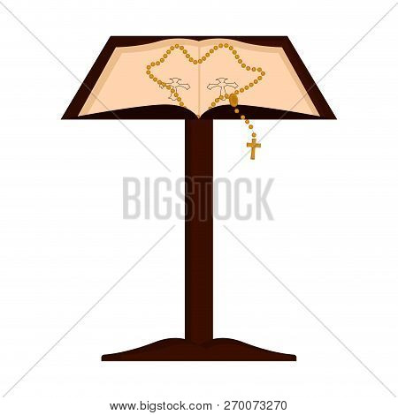 Isolated Lectern With Open Bible And Rosary. Vector Illustratin Design