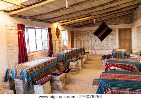 Puerto Chuvica, Bolivia - April 16, 2015: Interior Of A Hotel Made Of Salt Near Salt Plain Salar De 