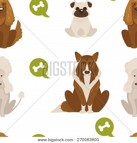 Dog Types And Breeds Canine Animals Seamless Pattern Isolated On White Background Vector.