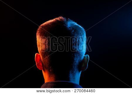 Close-up Of The Nape Of An Short Hair Head Of A Man With Stubble, Dressed In A Shirt In The Dark, Il