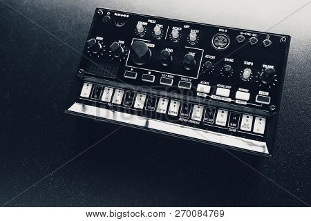 black analog synthesizer, close-up view