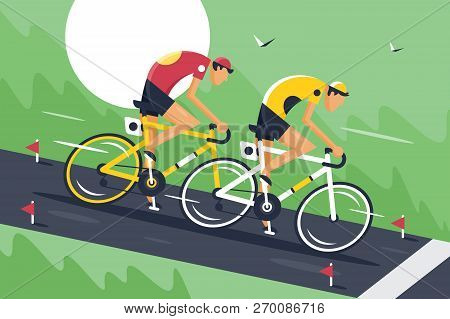 Young Men In Sportswear And Bicycle Helmet Fast Ride Cycling Competitions. Concept Sport Equipment, 