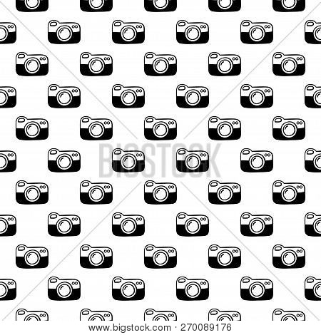 Seamless Pattern With Cameras. Black And White Vector Template.