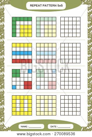 Repeat Colorful Pattern. Cube Grid With Squares. Special For Preschool Kids. Worksheet For Practicin