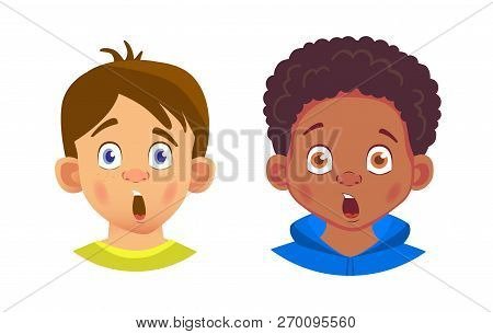 Boys Character Set. Emotions Of Children Face. Face Vector Illustration