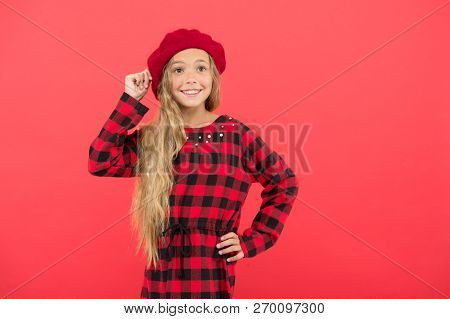 Beret Style Inspiration. How Wear Beret Like Fashion Girl. Kid Little Girl With Long Hair Posing In 