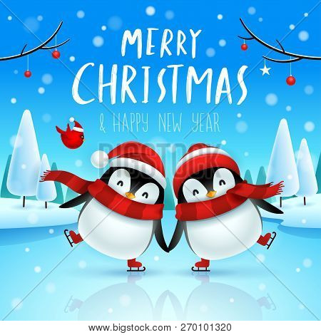 Cute Little Penguins Skate On Frozen River In Christmas Snow Scene. Christmas Cute Animal Cartoon Ch