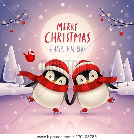 Cute Little Penguins Skate On Frozen River Under The Moonlight In Christmas Snow Scene. Christmas Cu