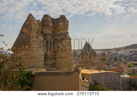 Goreme, Cappadocia, Turkey: Famous Cave Hotels In Goreme. Beautiful Panorama Of The City.