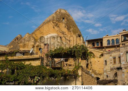 Goreme, Cappadocia, Turkey: Famous Cave Hotels In Goreme. Beautiful Panorama Of The City.