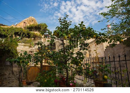 Goreme, Cappadocia, Turkey: Famous Cave Hotels In Goreme. Beautiful Panorama Of The City.