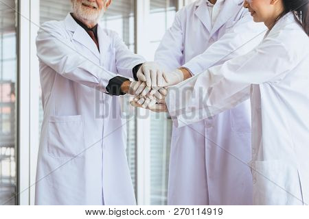 Scientists Coordinate Hands,group Of People Teamwork In Laboratory,successful And Reserch Working