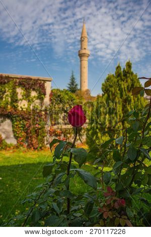 Cappadocia, Turkey: Mosque Minaret On The Background Of Red Rose Flowers