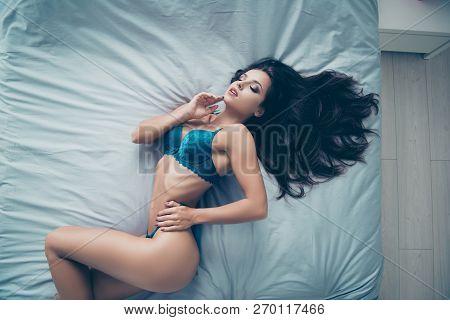 Dream Wish. High Above Angle Top View Of Beautiful Attractive Pretty Dreamy Charming Nude Lady Close