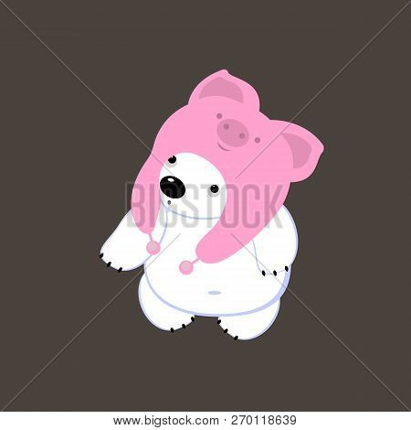 Vector Flat Illustration With Cute Polar Bear In Hat. Hat Piggy.