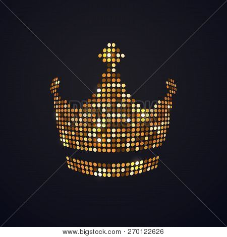 Gold Mosaic Dots Crown Vector Isolated Logo On Dark Background. Pixel Art Logotype Of Diadema, Coron