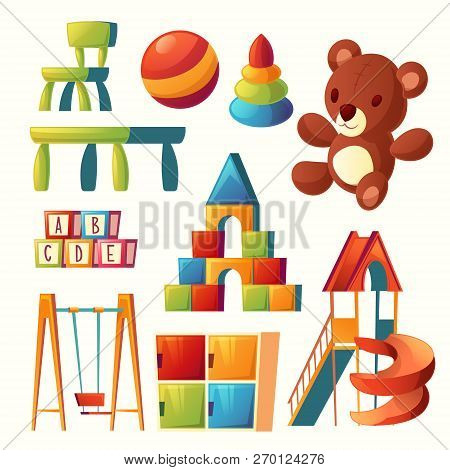 Set Of Cartoon Toys For Children Playground, Kindergarten. Teddy Bear, Ball With Other Elements For 