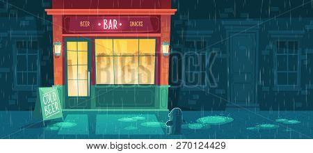 Background With Bar At Bad Weather, Rain. People Inside The Establishment. Facade Of Building With I