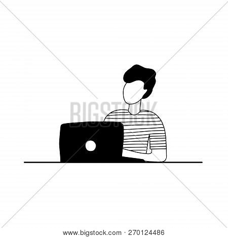 Young Man Sitting In Front Of The Laptop On White Background. Freelancer. Work Online. Work At Home.