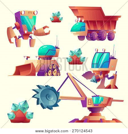 Cartoon Set Of Mining Machinery For Planets, Futuristic Devices. Space Exploration With Multiple-fli