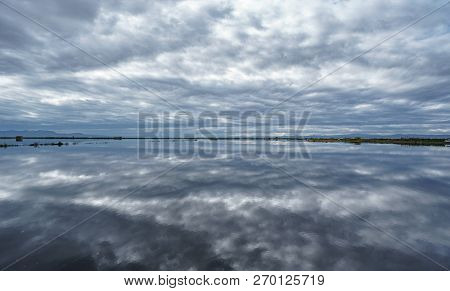 Flooded Rice Field Plantation With Cloudy Sky