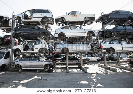 Recycling Of Old,used, Wrecked Cars. Dismantling For Parts At Scrap Yards