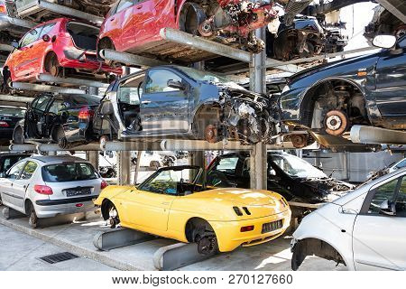 Recycling Of Old,used, Wrecked Cars. Dismantling For Parts At Scrap Yards