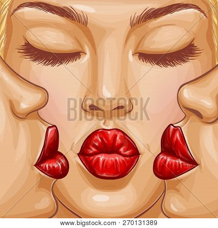 Pop Art Girl Face Illustration. Young Blonde Women Kissing On Red Lips With Closed Eyes In Mirror Re