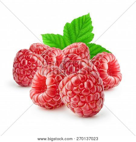 Isolated Raspberry. Two Fresh Raspberries With Leaves Isolated On White Background