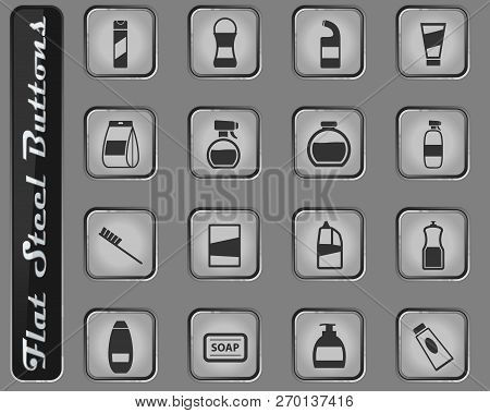 Houshold Chemicals Silhouette Vector Web Icons On The Flat Steel Buttons