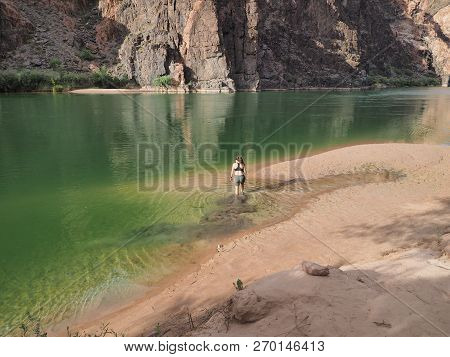 Grand Canyon National Park, Arizona 05-20-2018 Young Woman Wades In The Colorado River Guring A Back