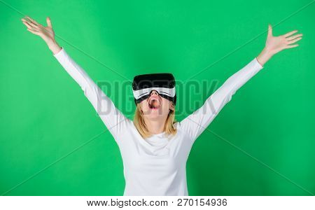 3d Technology, Virtual Reality, Entertainment, Cyberspace And People Concept. Happy Woman Exploring 