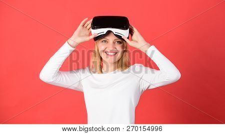 Woman Using Virtual Reality Headset. Woman Watching Virtual Reality Vision. Portrait Of Young Woman 