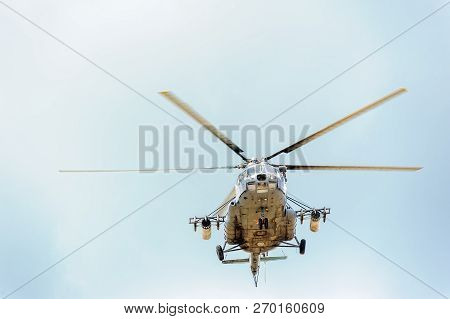 Tyumen, Russia - June 21, 2017: Army Games. Safe Route Contest. Military Helicopter Mi-8 In The Clou