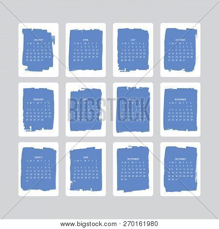 Vector Of 2019 New Year Calendar With Plants On Cyanotype Texture. Holiday Event Planner. Week Start