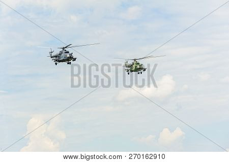 Tyumen, Russia - June 21, 2017: Army Games. Safe Route Contest. Pair Of Military Helicopter Mi-8 In 