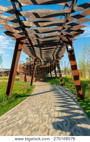 Moscow, Russia - July 06, 2018: Tufeleva roscha architecture park in Moscow. Summer day at landscape park walk.