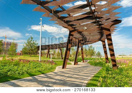 Moscow, Russia - July 06, 2018: Tufeleva roscha architecture park in Moscow. Summer day at landscape park walk.
