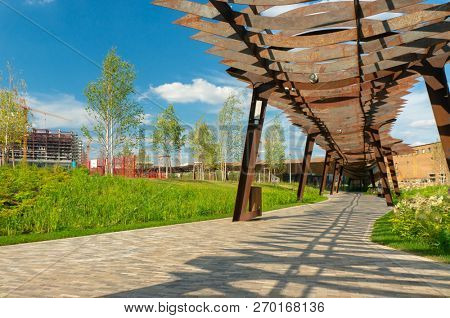 Moscow, Russia - July 06, 2018: Tufeleva roscha architecture park in Moscow. Summer day at landscape park walk.