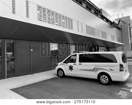 Strasbourg, France - Oct 2, 2018: White Ambulance Van Parked In Front Of Hospital Rhena - The New Ho