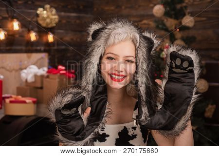 Present Gift Morning Before Xmas. Merry Christmas And Happy Holidays. Cheerful Girl Exchanging Gifts