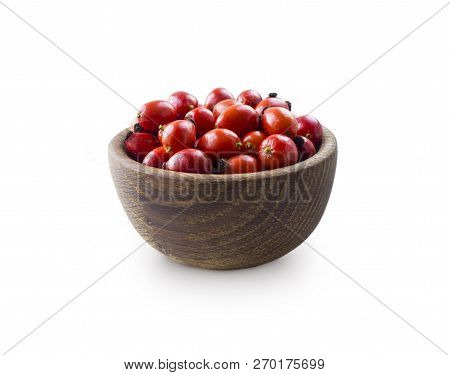 Fresh Rosehip Berries On White Background. Top View. Rosehip Berries In A Bowl Isolated On White Bac