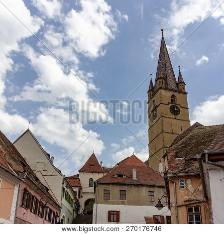 The Stairs Passage Leads From Lower Town To Upper Town In Sibiu, Romania And Gives A View Of Santa M